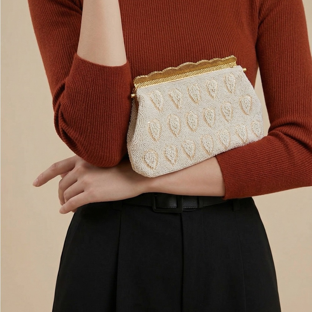 Elegant Cream Beaded Clutch with Gold Frame